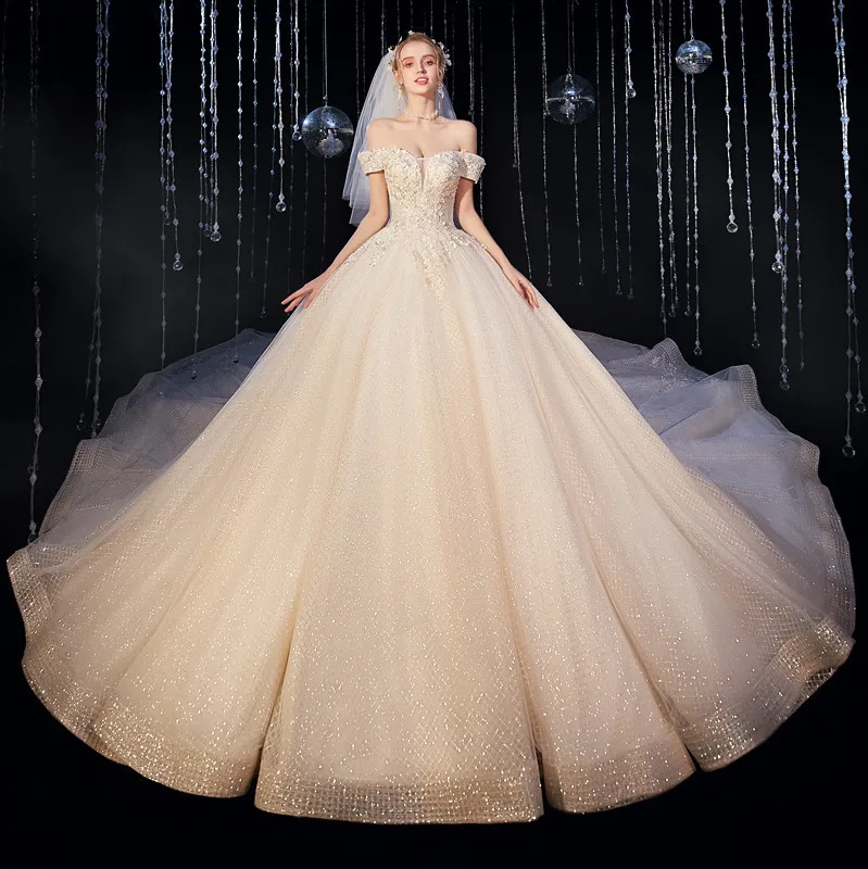 

2020 New Design Luxury Wedding Dress Off Shoulder Crystal Beaded Appliqued Sweetheart Bridal Ball Gown