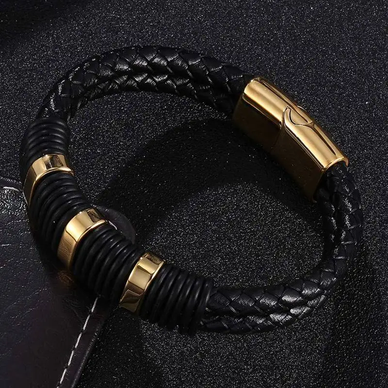 

Trendy Jewelry Black Double Braided Leather Bracelets for Men Gold Color Stainless Steel Magnet Clasp Male Bangles Gift SP0777