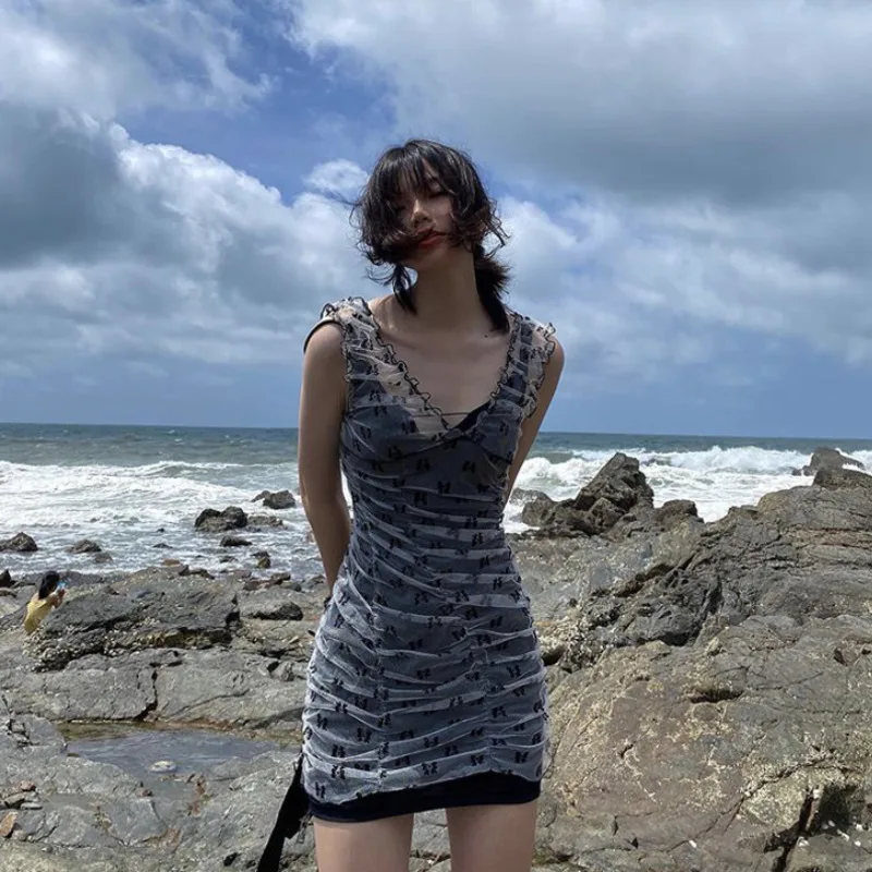 Платье женское Сетчатое без рукавов с V-образным вырезом и высокой талией |