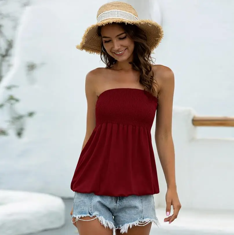 

2021 Summer Women's New Fashion Sexy Strapless Tube Top Travel Beach Fashion Tube Top One-way Neck Top 1563 Tops for Women