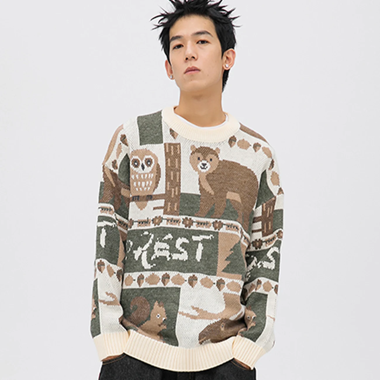 Вязаный свитер унисекс в стиле хип-хоп с принтом Совы и медведя хлопковая уличная
