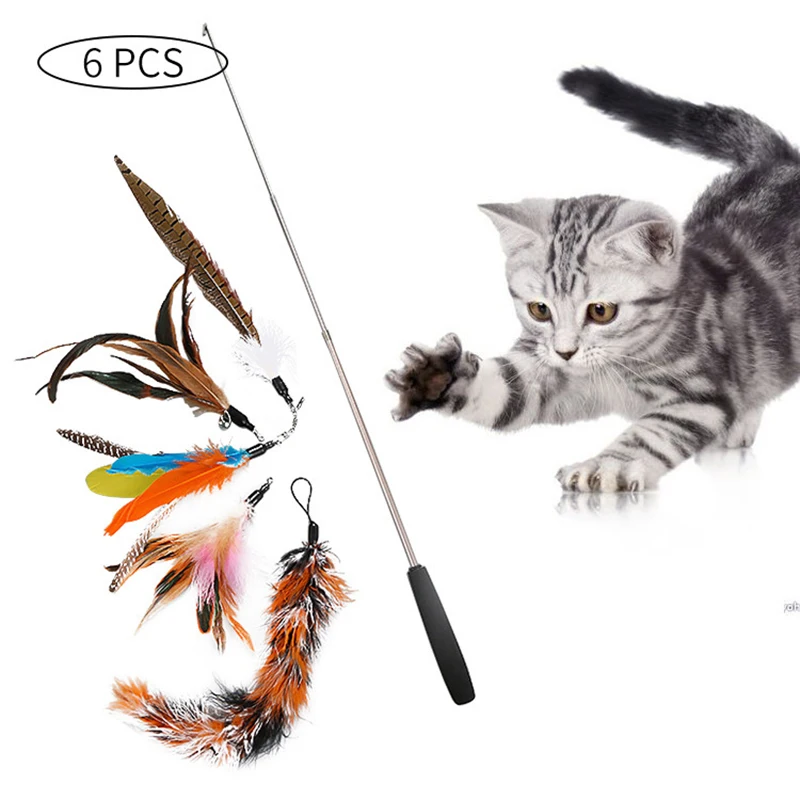 

Interactive Cat Feather Toy Feather Teaser Stick Wand Pet Retractable Feather Bell Refill Replacement Catcher Product For Kitten