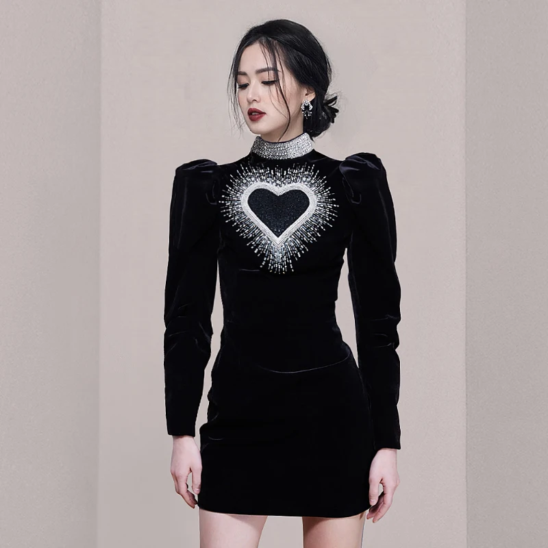 

2022 New Chic Puff Sleeve Velvet Pencil Dress Women's Fashion Sequins Embroidered Korean Work Party Dresses Bodycon Vestidos