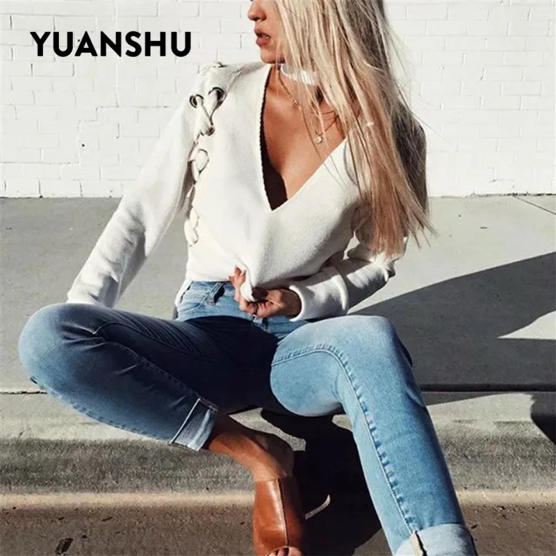 YUANSHU Осенняя Модная трикотажная блузка для женщин с V-образным вырезом на