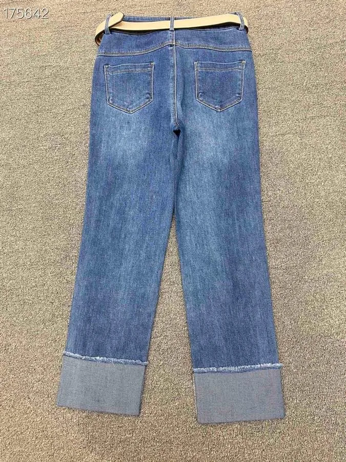 2021 summer Korean version of casual high-waisted piece hair must be rolled side pants feet nine points pipe jeans women