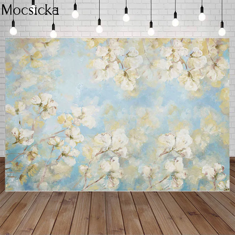 Виниловый фон для фотосъемки детей с цветочным рисунком белые синие вечерние