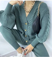 winter vintage knitted suit womens two piece set casual solid twist cardigan sweater slim pants autumn female outfit