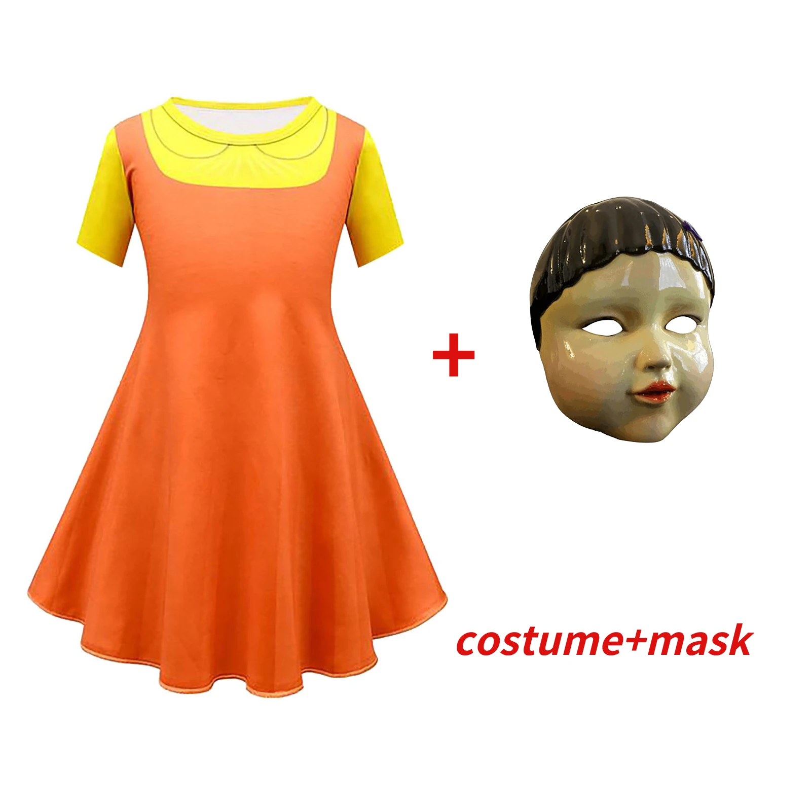 

Костюм куклы из игры «кальмар», Желтый косплей-комбинезон, Круглый, шестигранный, квадратный, треугольный, пластиковый шлем, костюм