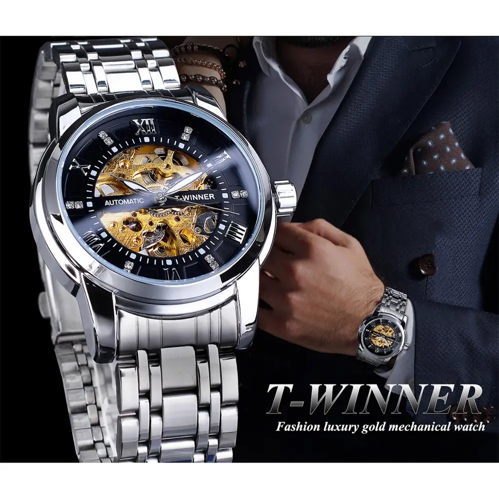 Механические часы скелетоны Winner модные золотистые и черные Автоматические