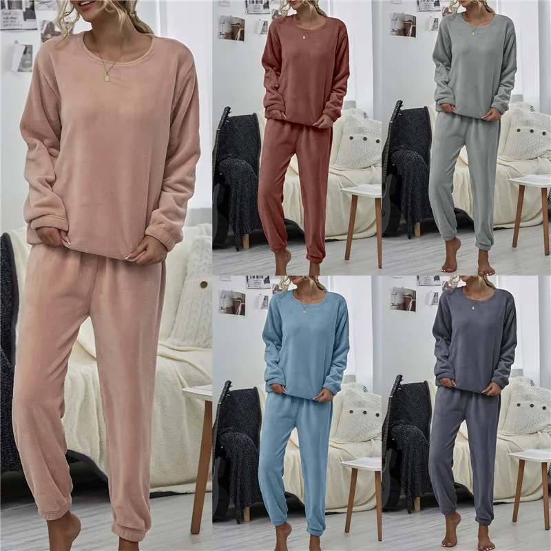 

Women Two-piece Plush Nightwear Set Winter Warm Nightwear Set Solid Color Round Collar Tops And Elastic Waist Pants