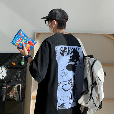 

В Корейском стиле мужские летние личность; Футболка с принтом и с короткими рукавами; Повседневные свободные красивые футболки