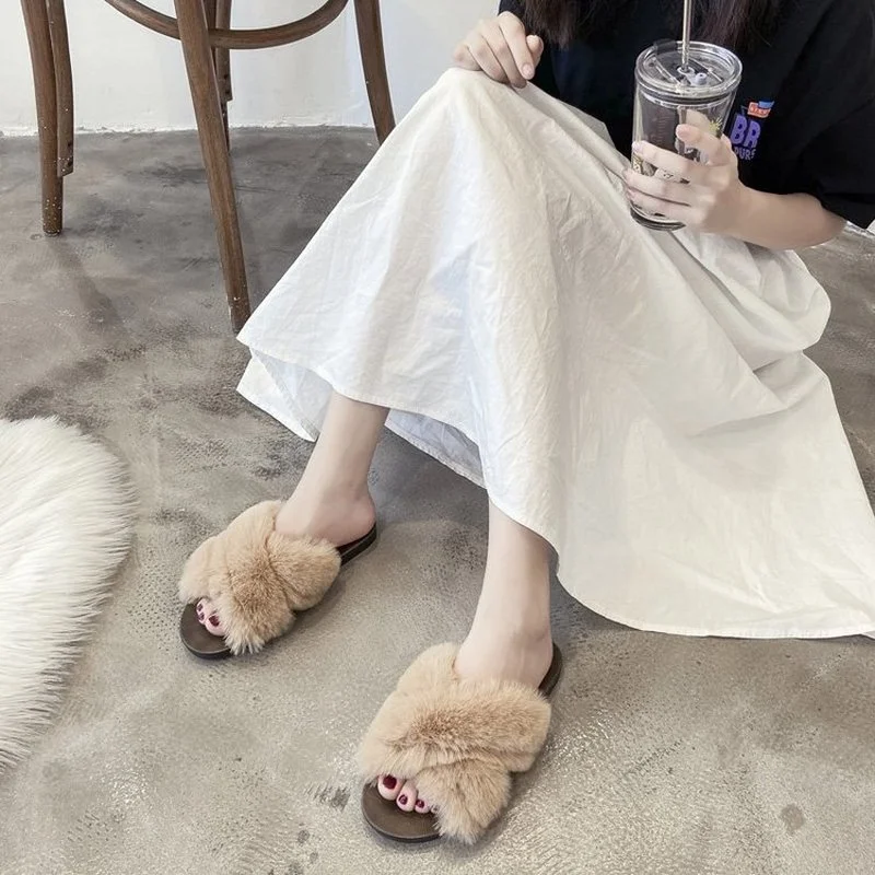 

Autumn and winter new all-match cross fur slippers for women's outer wear fashion fur shoes flat sandals and slippers