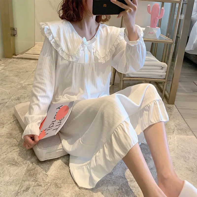 

2021 Spring Autumn Sweet Princess Lace Long Sleeve Nightgown for Women Korean Sleepwear Night Dress Home Dress Nightdress Nighty