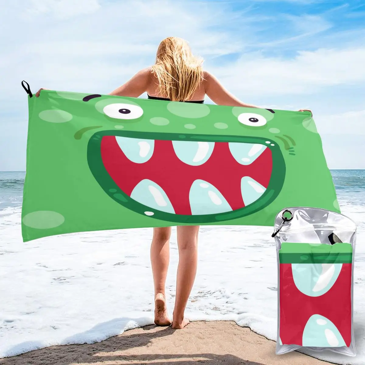Quick Dry Beach Towel Funny Monsters Faces Green Microfiber Bath Towel Beach Cushion Swimming Personalized Sand Free Beach Towel