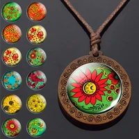 handmade wooden pendant necklace for women gifts flower statement photo glass cabochon long chains necklaces female jewelry