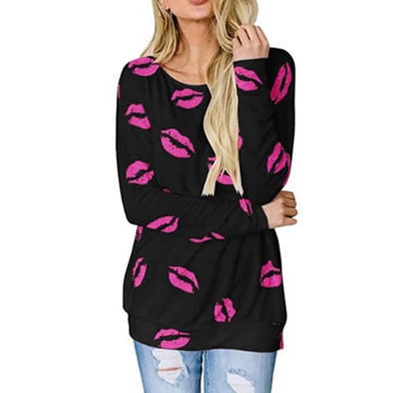 Женщин сезона весна осень Губ печатных футболка для девочек Осенняя с длинными