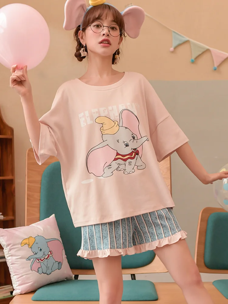 

3XL Summer Cotton Pajamas Women's Short Sleeve Shorts with Ruffle Dumbo Striped Print Cute Anime Home Suit Pajama Sets Women