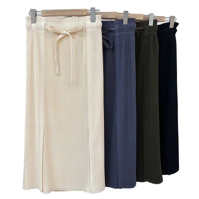 

LANMREM 2021 Autumn Summer Skirt Side Split Drawstring High Waist Pleated Mid-calf Length All-match Elastic Skirts Women 2A2564