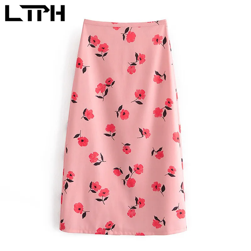 

LTPH High waist floral skirt women mid-length split holiday style Imitation hemp casual all-match midi skirts 2021 summer new