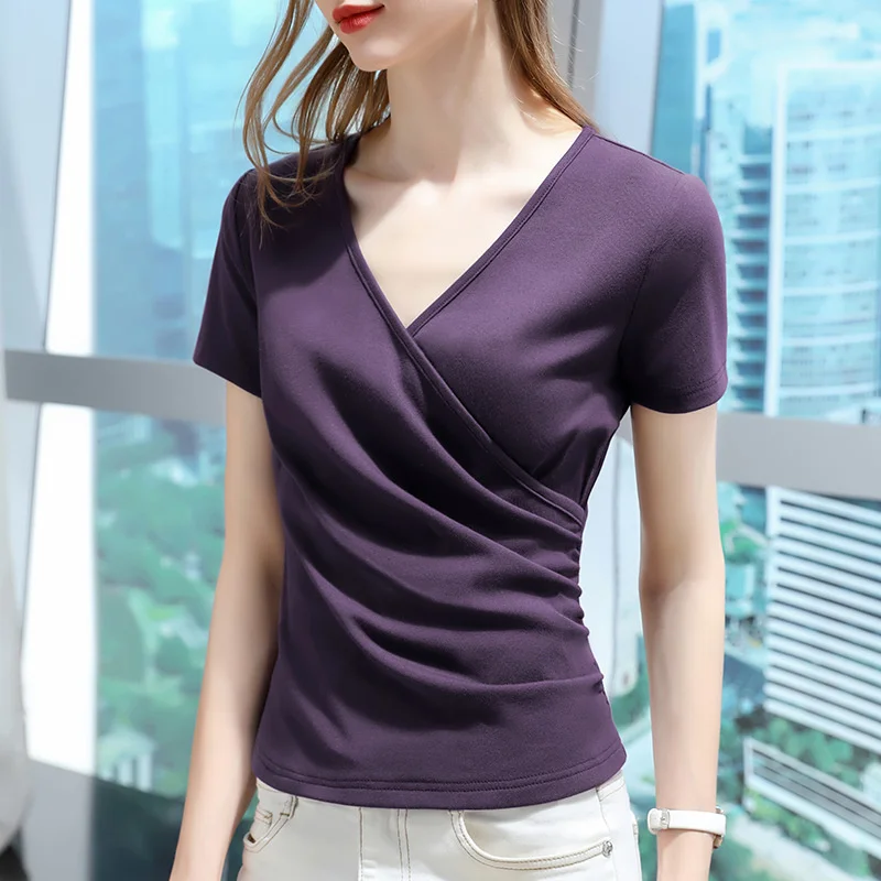 

Short sleeve T-shirt women's European women's 2021 summer new cross V-neck half sleeve cotton T-shirt fold waist top