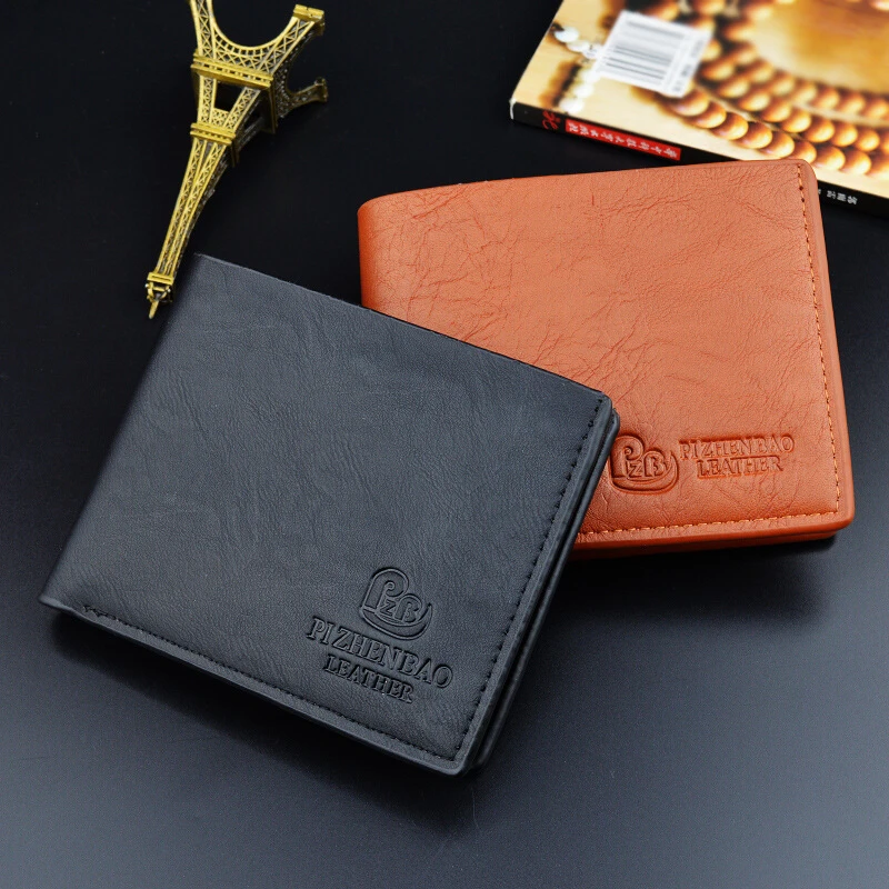 

New Men's Pu Leather Wallet Short Fashion Simple Horizontal Letter Youth Large Capacity Thin Lychee Pattern Soft Money Clip