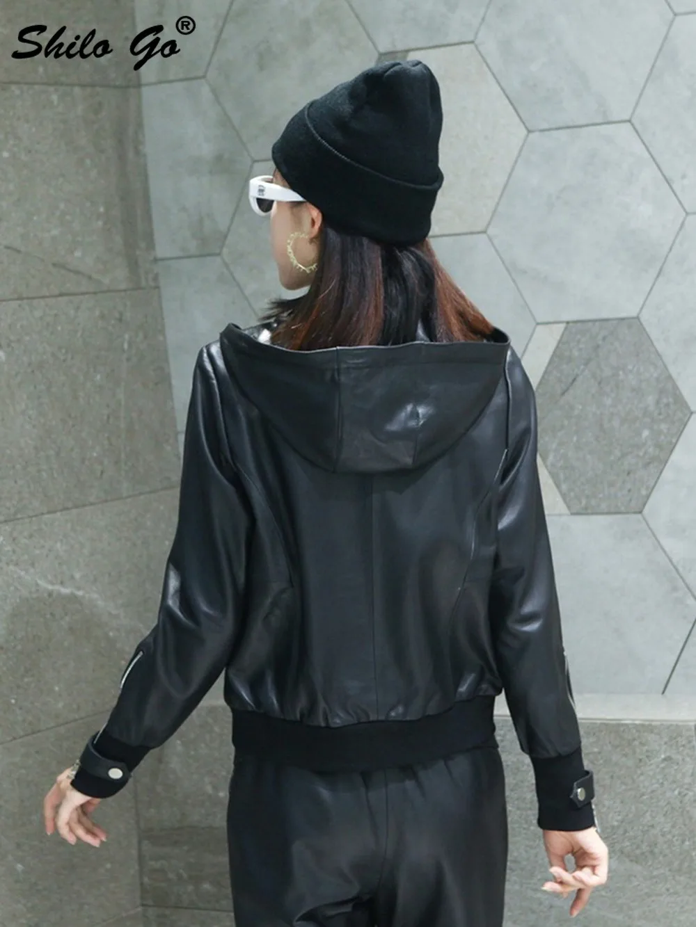 

Streetwear Plus Hooded Collar Solid Baseball Jacket Women Winter Casual Zip Genuine Leather Coat Black Concise Sheepskin Outwear