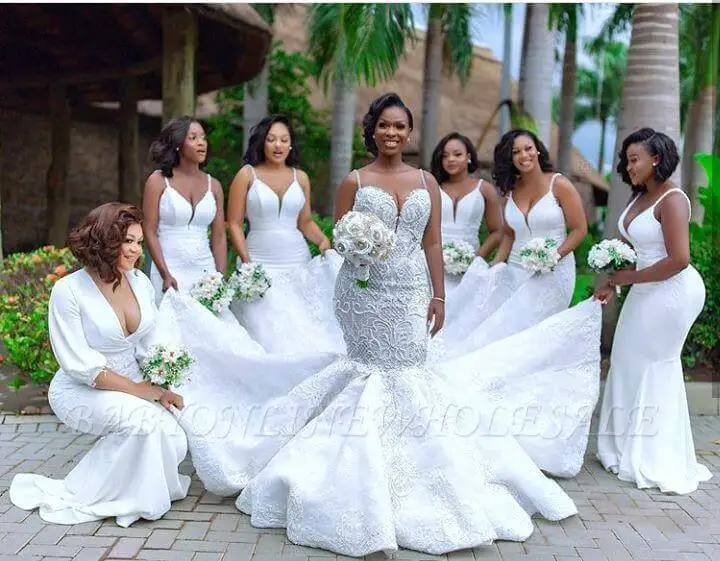 African Plus Size Mermaid Wedding Dress Sexy V-Neck Beading Wedding Gowns Appliqued Satin Bridal Dress