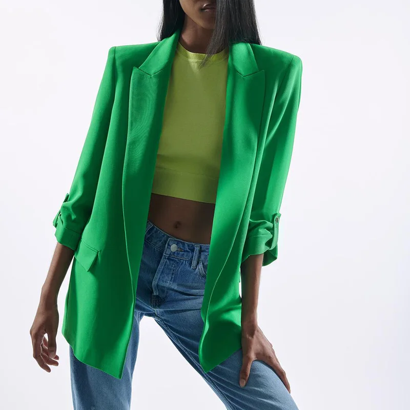 

CP Casual Notched Blazers Women Fashion Green Rollable Sleeve Jackets Women Elegant Spring Pockets Straight Suits Female Ladie