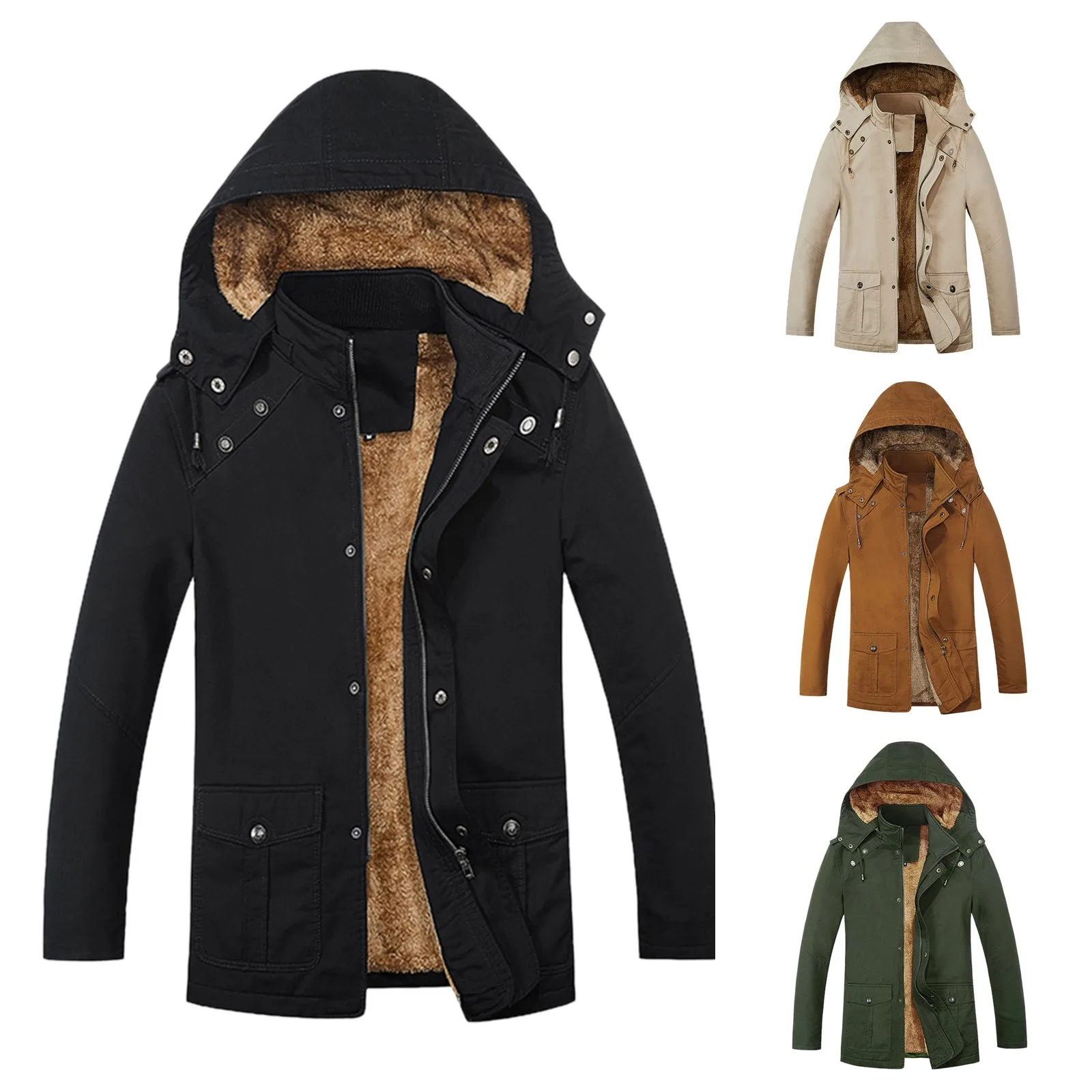 

In Stock Men's Autumn And Winter Jacket Casual Stand-up Collar Warmth Plus Velvet Thick Cotton Hooded Male Coat Windbreaker#8