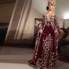 Бордовое бархатное кружевное марокканское платье с аппликацией, вечерние платья с длинным рукавом, мусульманские платья для особых случаев, длинное платье Дубая для выпускного вечера