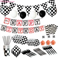 black white plaid theme party disposable tableware racing cars flag party chess paper plate baby shower wedding decorations