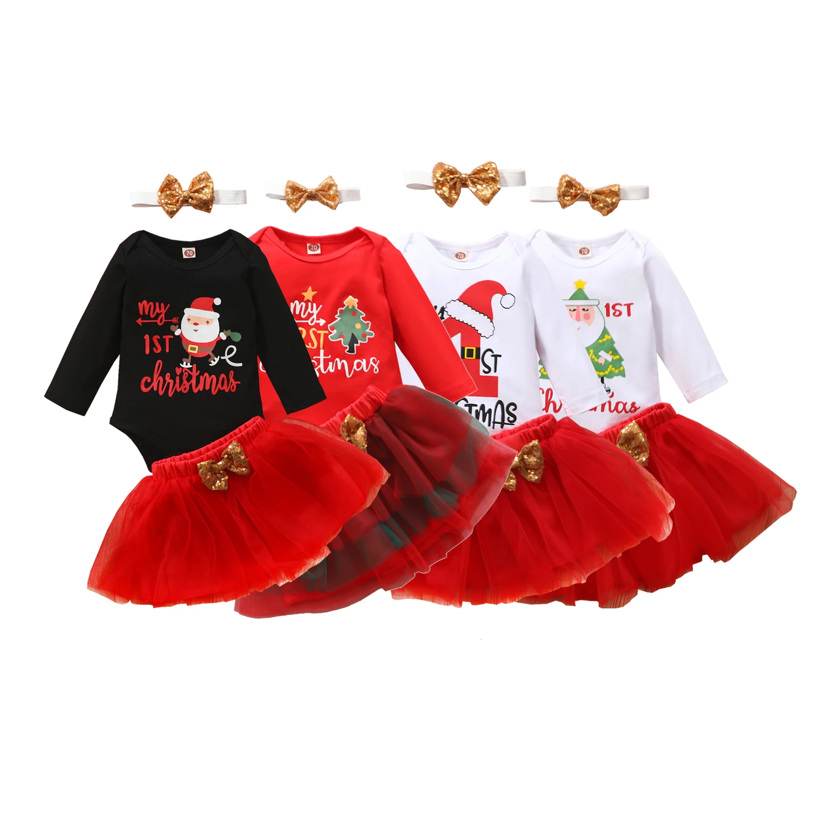 

Christmas Baby Girls Outfits Three Piece Suit Special Letter Romper and Fashion Sequin Bow Gauze Skirt with Headband