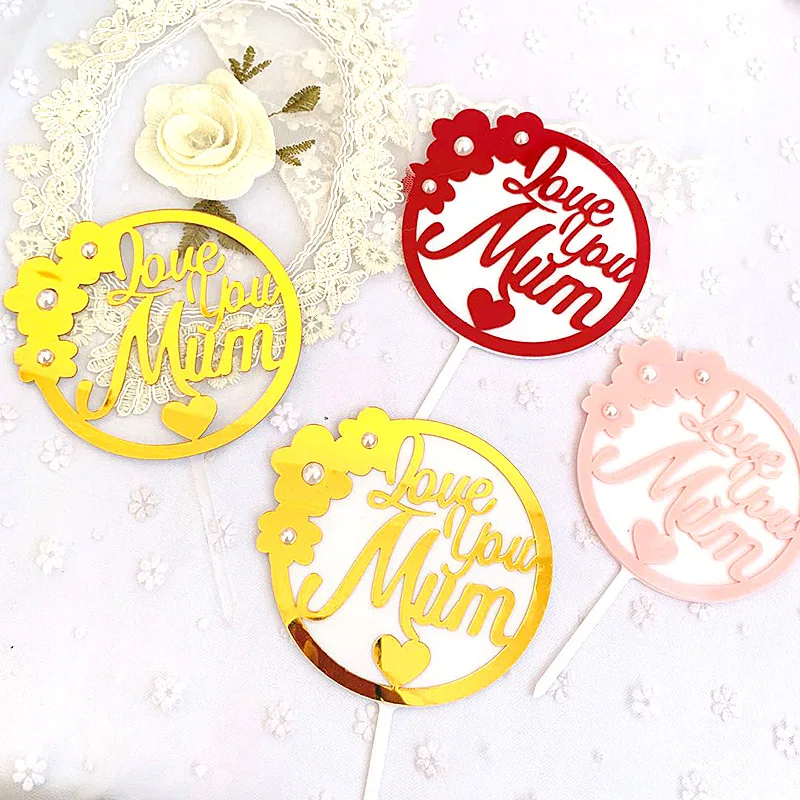 

Акриловые топперы для торта Love You Mum с искусственным жемчугом и цветами, украшения для торта для мам на день рождения, День матери