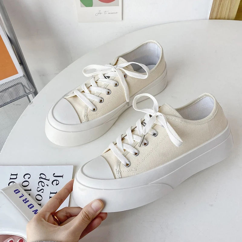 

2021 Spring Flat Women Shoes Canvas Casual Shoes Women Sneakers Shallow Platform Shoes Vulcanize Thick Bottom Fashion Shoes