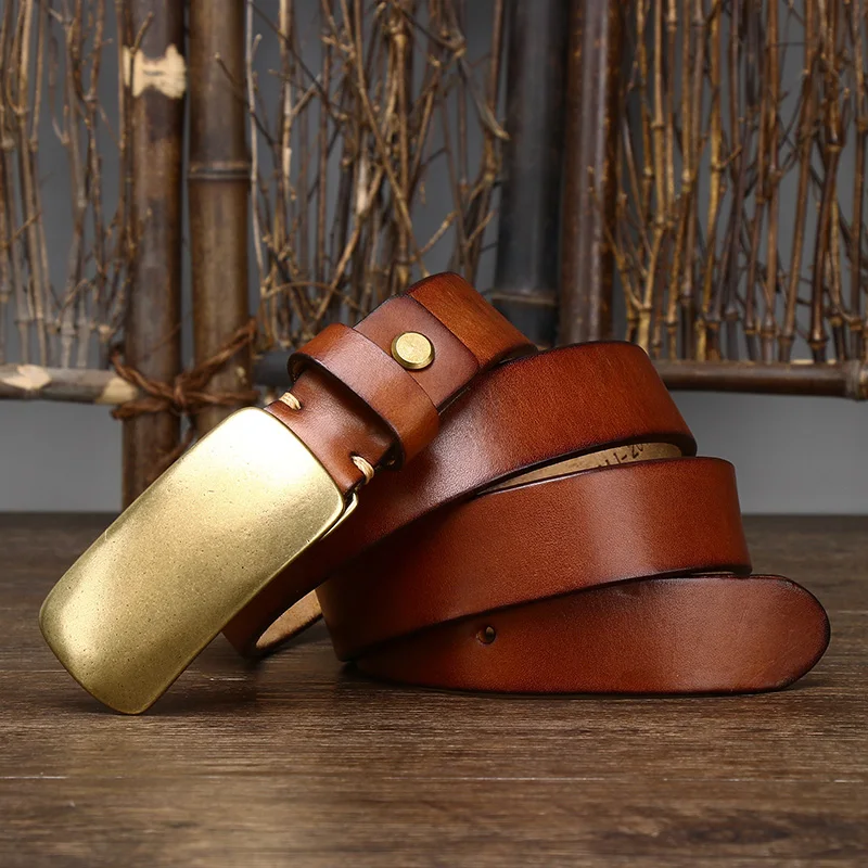 3.3cm Width Original Cowhide Genuine Leather Belt For Men Vintage Design Brass Smooth Buckle Casual High Quality Belt Male G801