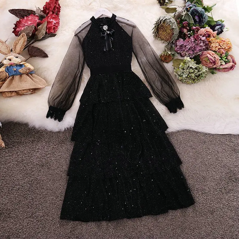 2019 autumn winter new women O-neck gauze bubble sleeve waist ruffles bright silk ball gown dress female elegant tiered dresses |