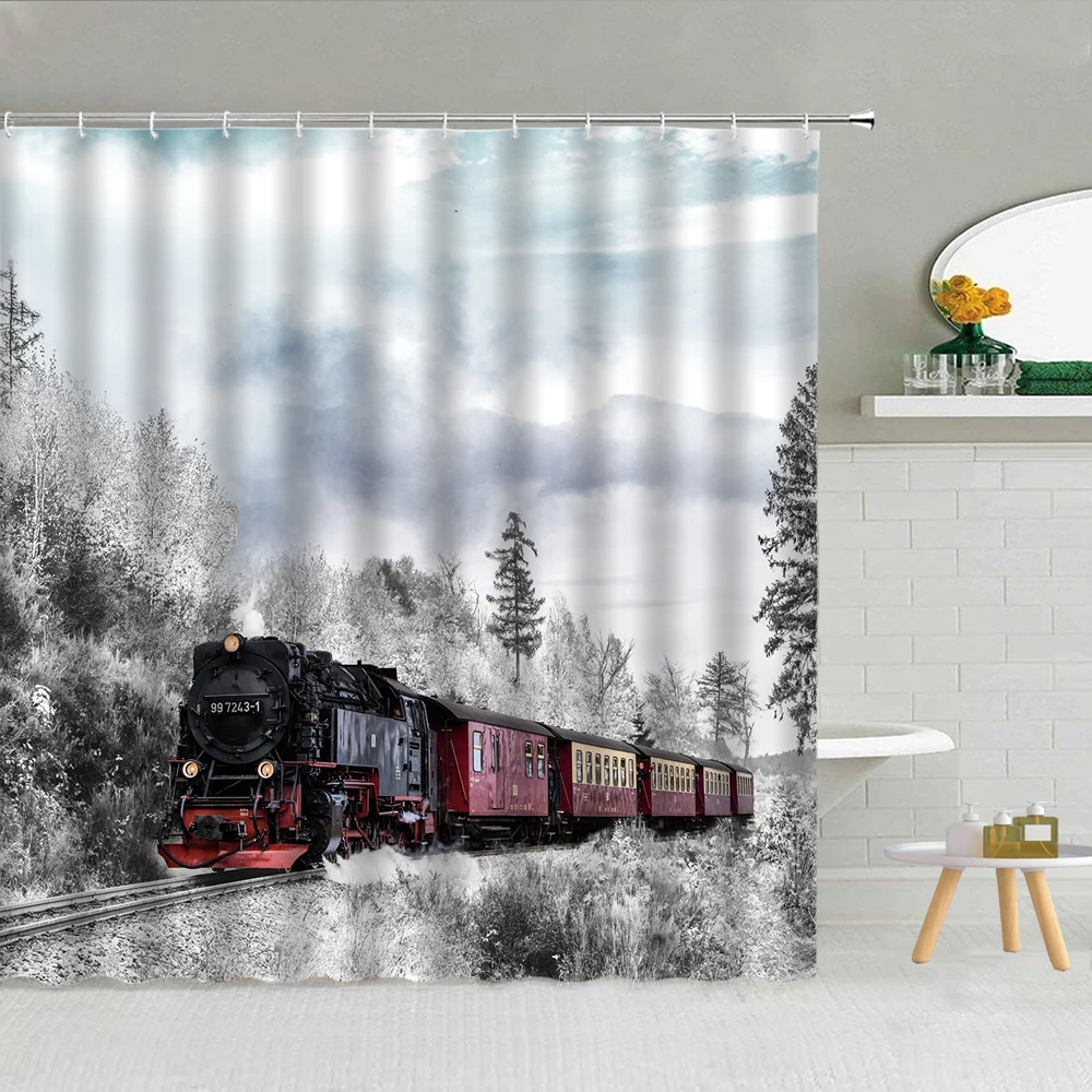 

Waterproof Shower Curtain Set Retro Train Forest Snow Mountain Polyester Fabric High Quality Bath Screen With Hooks 3D Printing