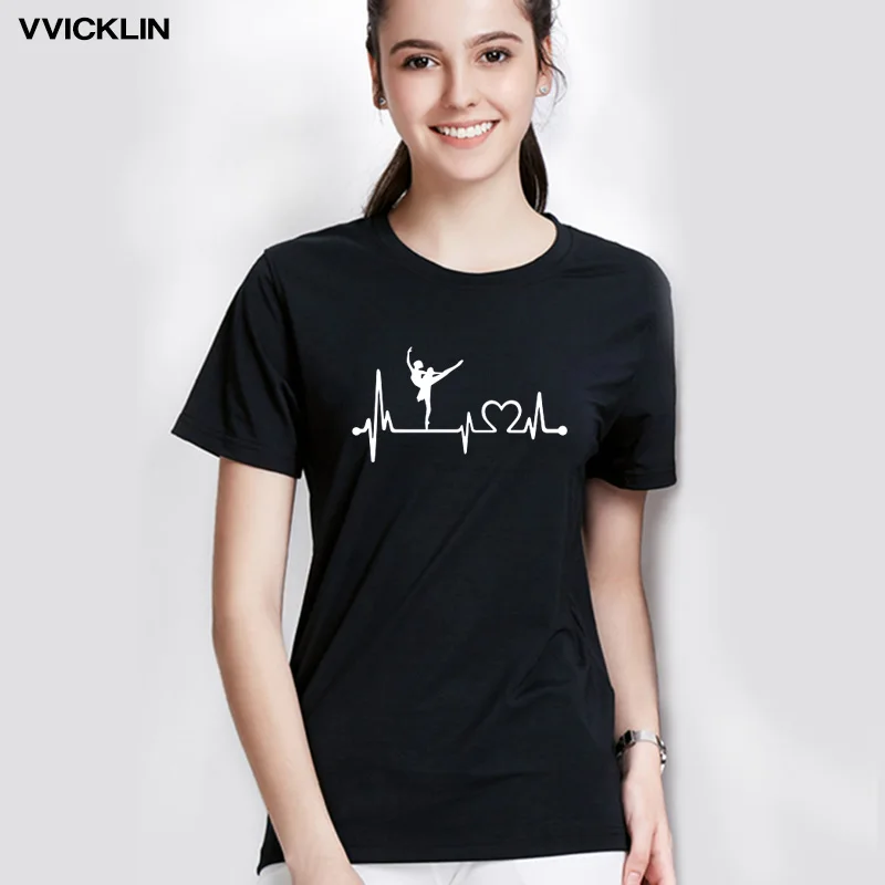 

2021 New Fashion Ballet Ballerina Dance Heartbeat Print T-shirt Casual Women Summer O-Neck Short Sleeve Cotton T Shirt Tops Tees