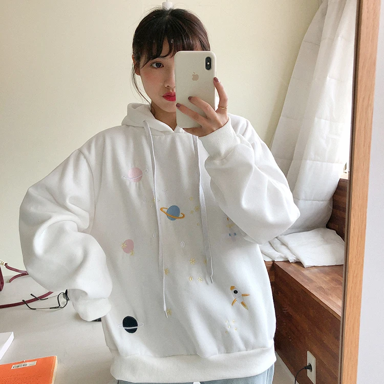 Mooirue для женщин Свободные толстовки звезда дирижабль вышитые Harajuku утолщаются пуловер Повседневная Уличная корейский стиль толстовка
