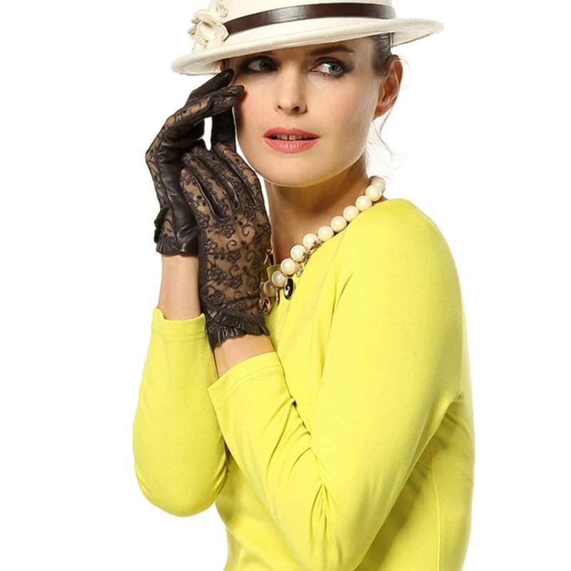 Женские перчатки из натуральной кожи с кружевом без подкладки|sheepskin gloves|women fashion