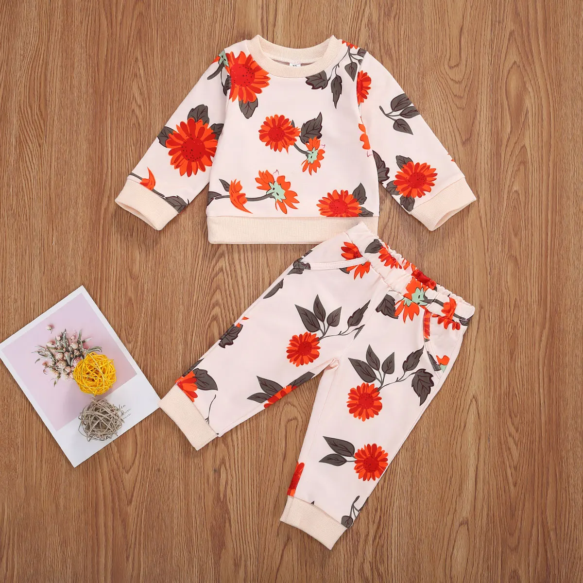 

2 Pieces Baby Suit Set Sunflower Print Round Neck Kids Long Sleeve T-Shirt and Trousers for Girls Beige одежда для новорожденых