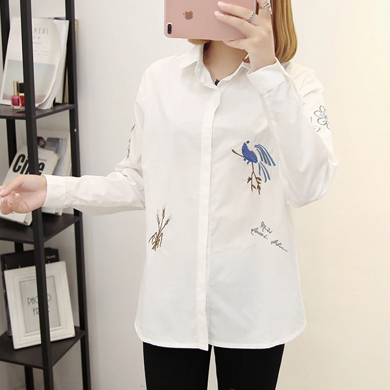 

Women Blouse Blusas Femininas Elegante Flower Embroidery Turn Down Collar Three Quarter Sleeve Shirt Clothes solid Tops 374C