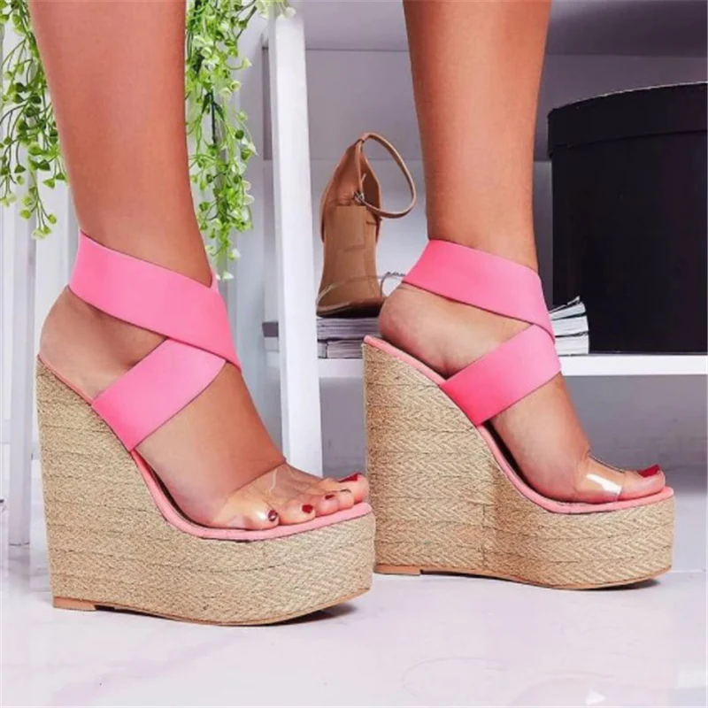 2019 г. Летние женские прозрачные босоножки на высоком каблуке 15 см танкетке с