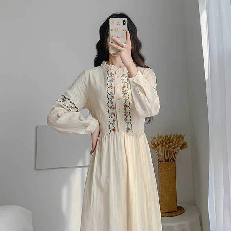 

Vintage Floral Embroidery Dress Women Spring 2021 New Long Sleeve Apricot Dresses High Waist Vestido De Mujer Button Dress 12918