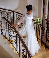 african country lace mermaid wedding dresses with sleeves detachable train jewel neck african nigerian lace bridal gowns