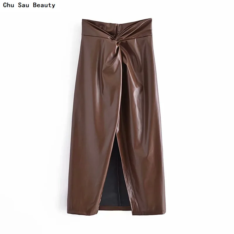 

New Women's Brown Fold Design Faux Leather Midi Skirt Autumn And Winter Fashion Front Slit Back Zipper High Street Skirts