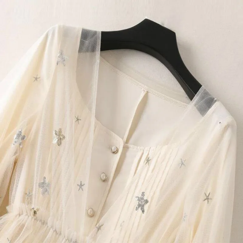 

2021 Korean Fashion Style Banquet Elegant Women Mid-calf Dresses V Collar Sequin Mesh Sweet Party Dresses Shiny Vestidos Y516