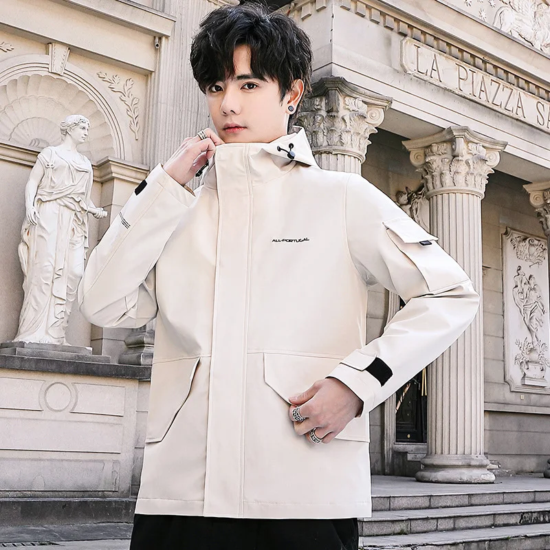 

Autumn And Winter Pop Men's Jacket Outdoor Stand Collar Hooded Coat Breathable Solid Color Windbreaker Male Jacket Fashion Coat