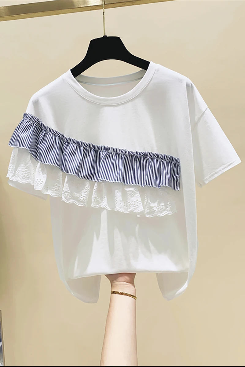 

Lace Striped Patchwork Ruffled Cotton Short-Sleeved T-shirt Women 2021 Summer New Loose Female Bottom Top Casual Pullover Tee