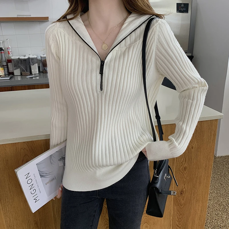 

Nieuwe 2021 Herfst Winter Vrouwen Truien Truien Gebreide Modieuze Vintage Hooded Rits Elegante Dame Tops